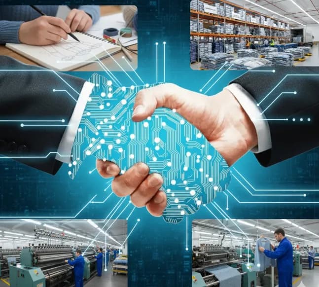 Handshake over a circuit pattern with design, warehouse, mill and inspection scenes.