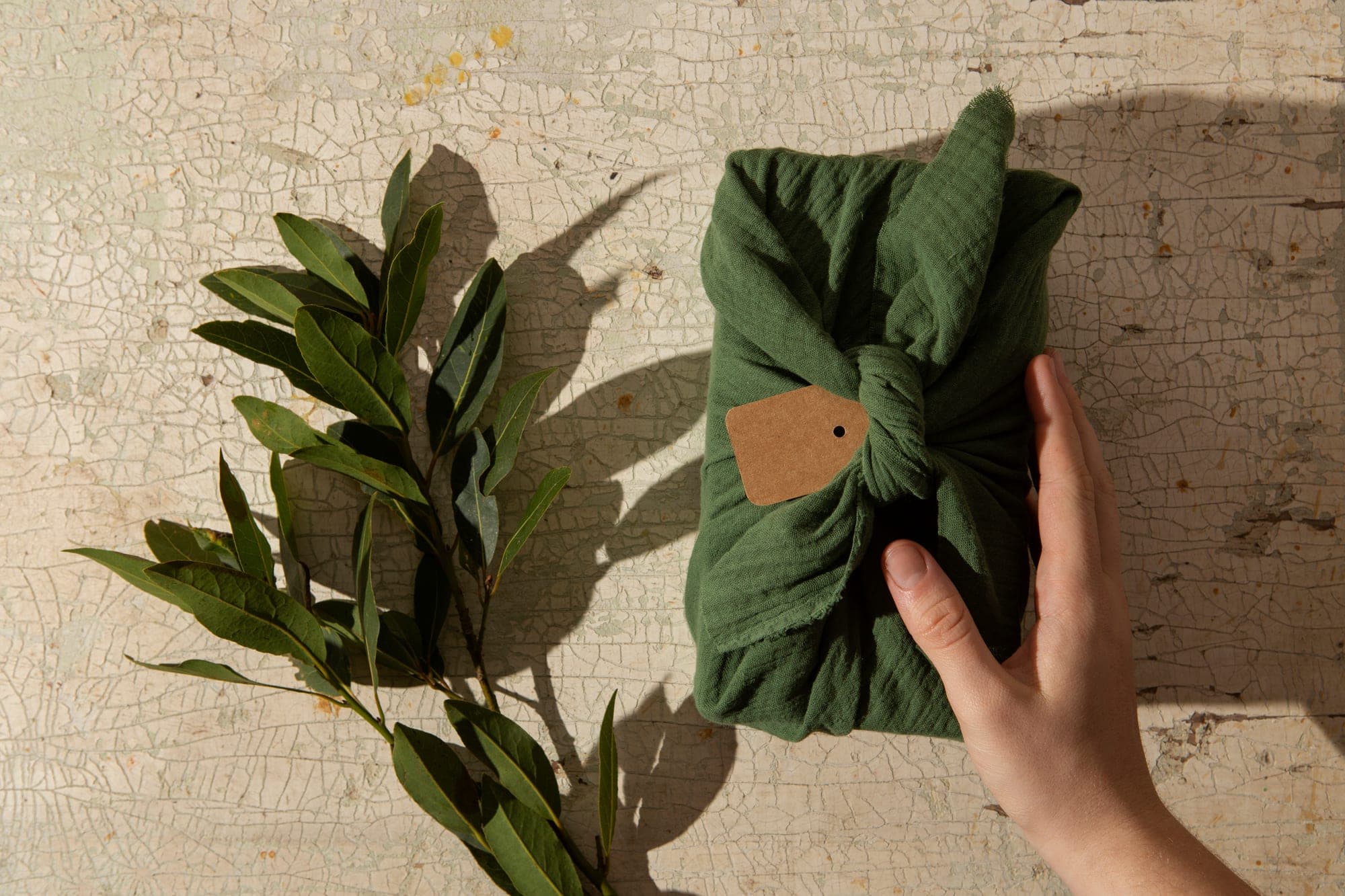 A hand resting on a gift wrapped in green cloth beside a eucalyptus sprig.