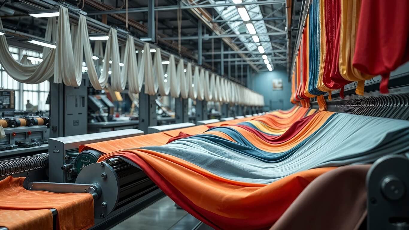 Knitted fabric running off the machines on a mill floor.