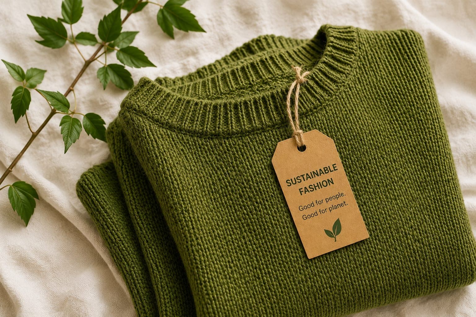 A folded green knitted sweater tagged “sustainable fashion”.