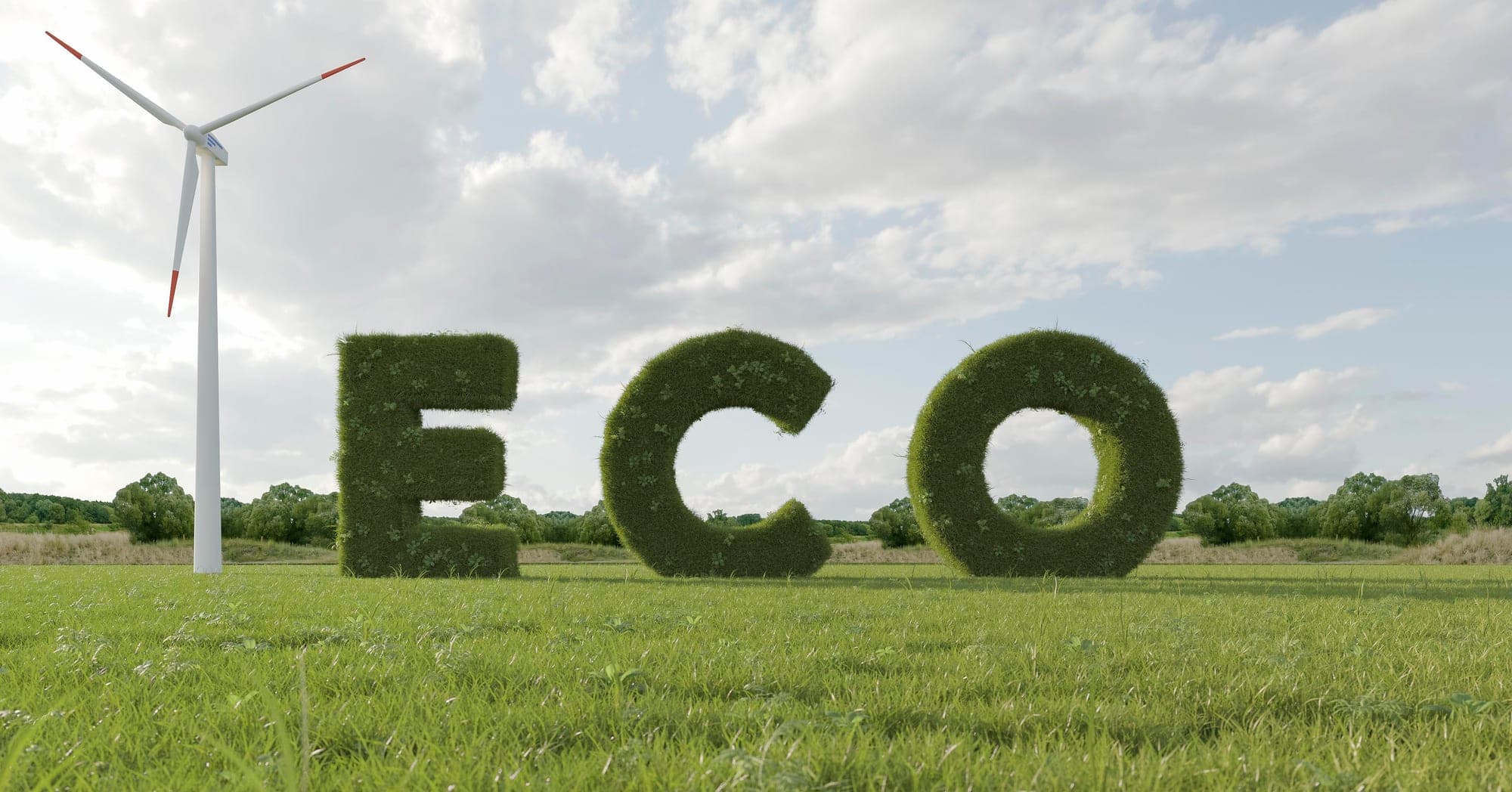A wind turbine in a green field beside the word ECO formed from grass.